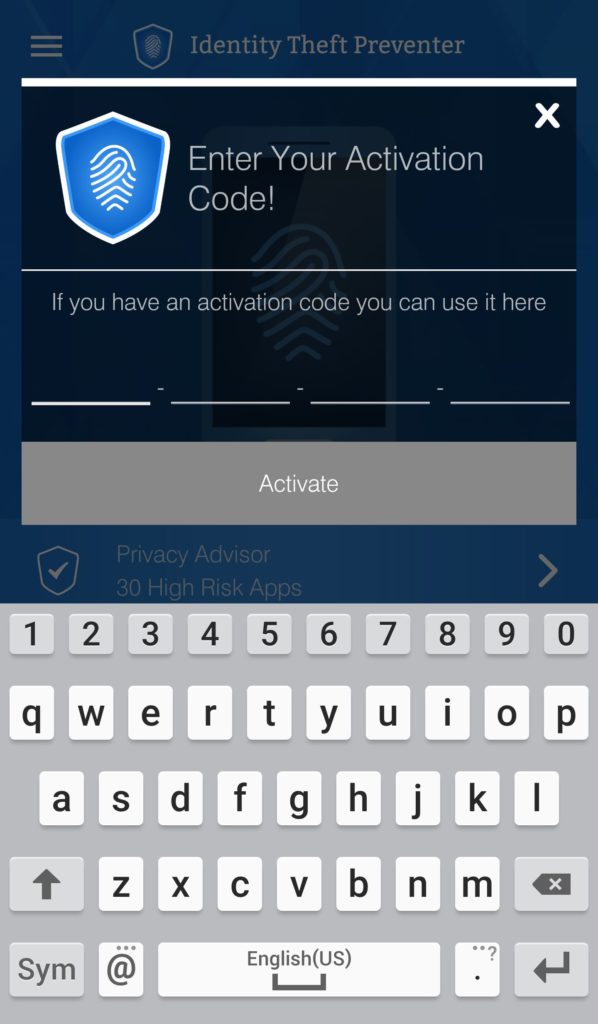 Enter Activation Code Screen